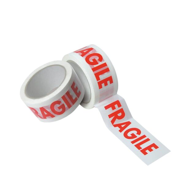 white printed tape with fragile printed on